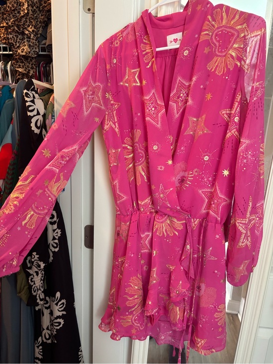 Buddy Love Pants - Buddy Love Hot Pink Wrap Dress/romper with Gold Star & Sun Print